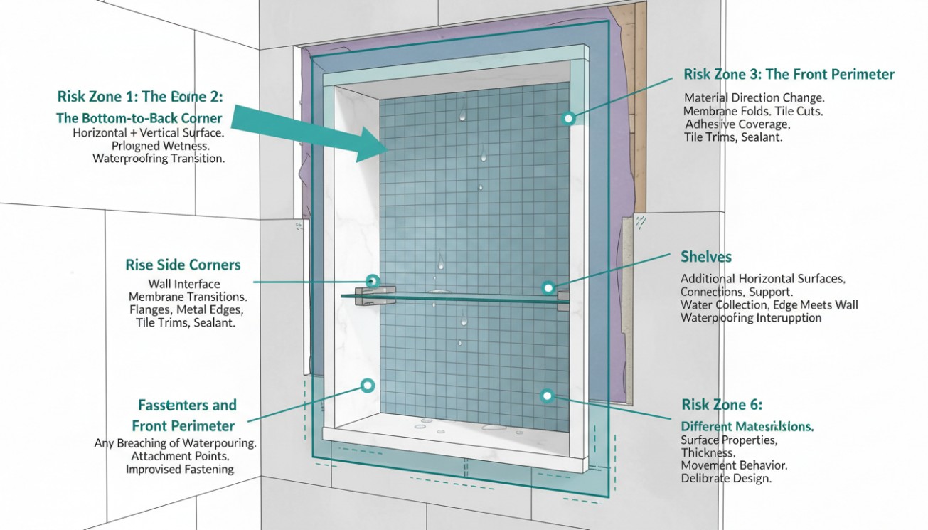 Technical diagram showing high-risk waterproofing zones around shower niche corners, shelves and perimeter transitions